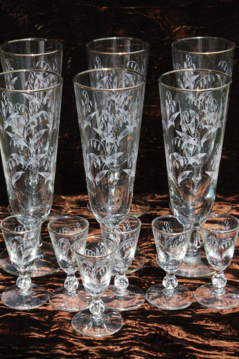 Vintage Libbey lily of the valley pattern glass, pilsner glasses & tiny goblet cordials