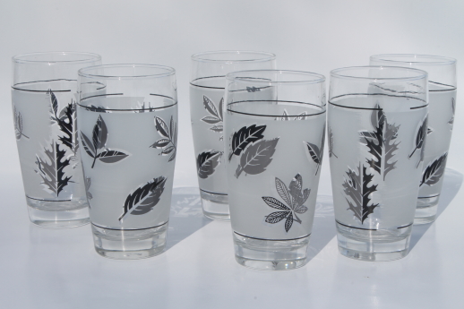 Vintage Libbey silver foliage drinking glasses, set of six tumblers w/ silver leaves