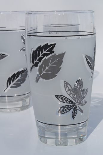 Vintage Libbey silver foliage drinking glasses, set of six tumblers w/ silver leaves