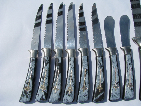 Vintage Lifetime Sheffield stainless knives, mod black marble plastic handles