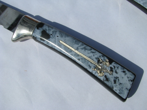 Vintage Lifetime Sheffield stainless knives, mod black marble plastic handles