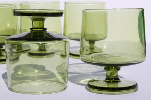 Vintage lime green glass drinking glasses, danish modern style footed stemware