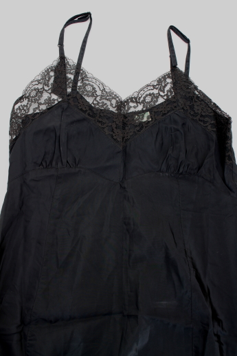 Vintage lingerie lot, black rayon slip, lacy nylon petticoat half slip, colored taffeta slips