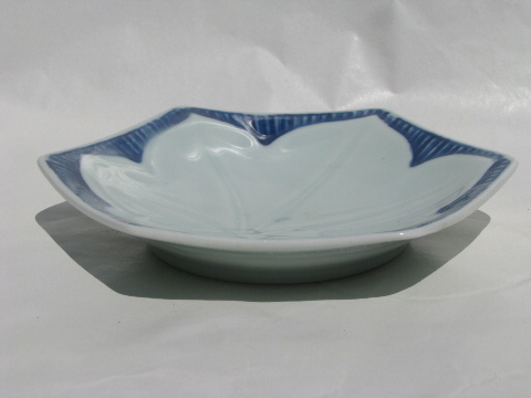 Vintage lotus leaf porcelain sushi plates, cobalt blue and white china