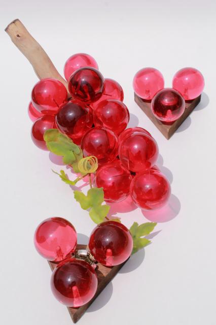 vintage lucite grapes, red pink cranberry juice color lucite plastic, 60s 70s mod