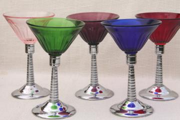 vintage martini glasses, colored glass & chrome cocktail set, art deco style mod