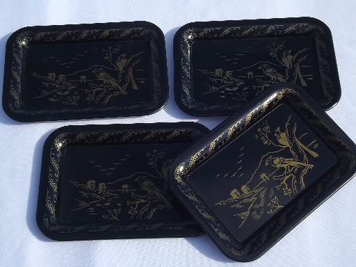 Vintage metal cocktail trays, gold and black lacquerware style chinoiserie