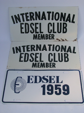 Vintage metal collector's car sign lot, old Edsel auto advertising signs