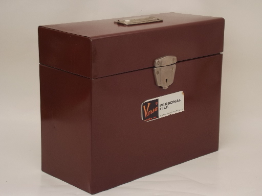 Vintage metal file box, mid-century machine age locking  office file box