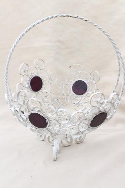 vintage metal filigree basket, white painted wrought iron w/ amethyst glass coin dots