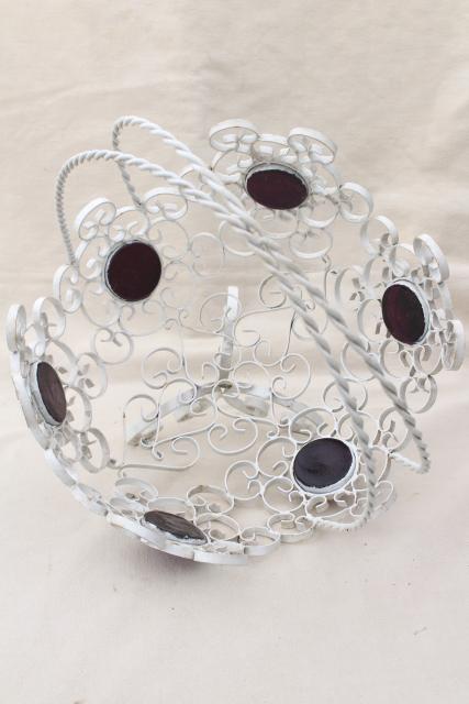 vintage metal filigree basket, white painted wrought iron w/ amethyst glass coin dots