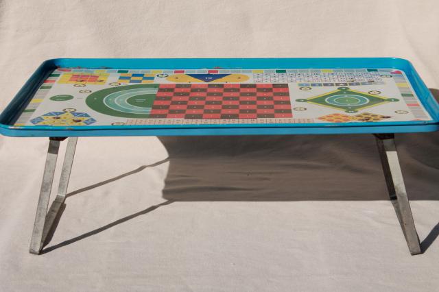 vintage metal game board lap tray w/ travel games, folding stand tray for sick day meal & play