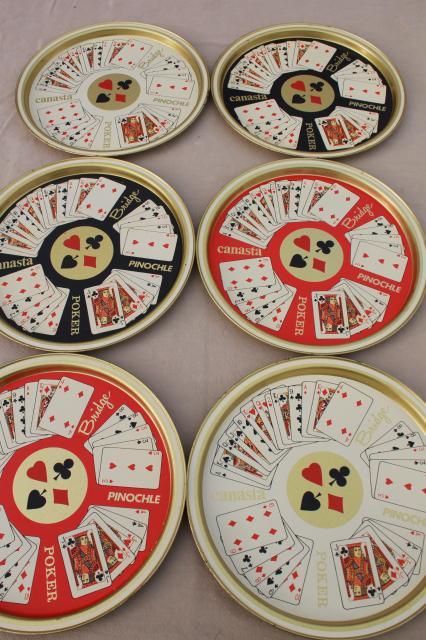 vintage metal serving trays, card party playing cards print, bridge, poker, canasta