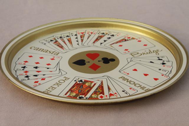 vintage metal serving trays, card party playing cards print, bridge, poker, canasta