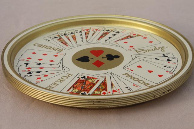 vintage metal serving trays, card party playing cards print, bridge, poker, canasta
