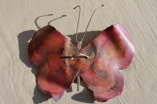 Vintage metal wall art copper enamel butterflies, 70s retro butterfly plaques