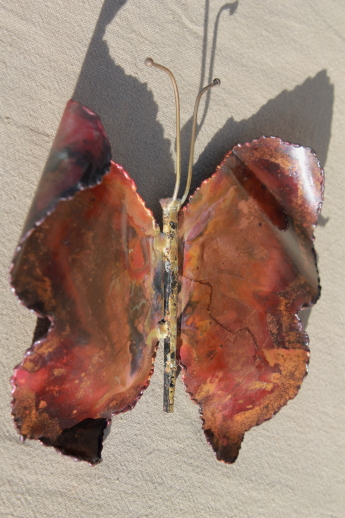 Vintage metal wall art copper enamel butterflies, 70s retro butterfly plaques