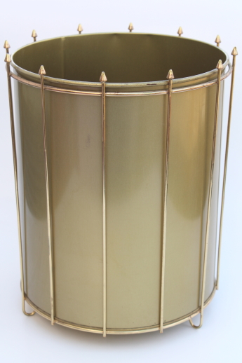 Vintage metal wastebasket, heavy steel trash can w/ gold wire basket frame