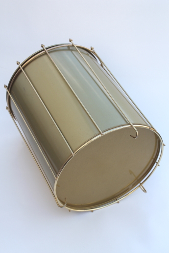 Vintage metal wastebasket, heavy steel trash can w/ gold wire basket frame