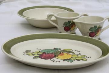 Vintage Metlox provincial fruit pattern green band cream & sugar, platter, serving bowl