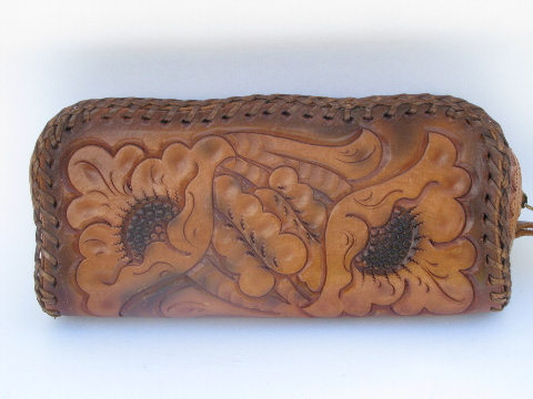 Vintage Mexican tooled leather wristlet handbag, retro hand-crafted purse