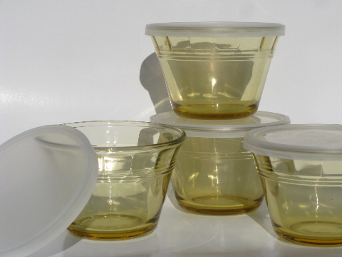 Vintage Mexico amber gold glass baking dishes, 8 individual custard cups