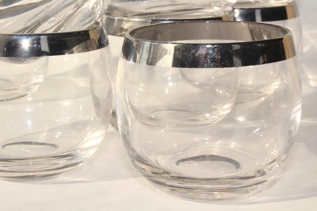vintage mid-century mod roly poly glasses, Dorothy Thorpe silver platinum band tumblers 