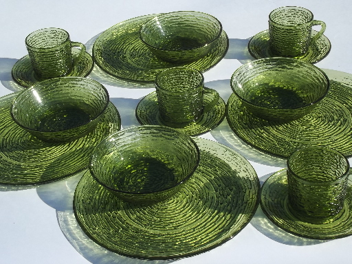 Vintage Milano or Soreno green glass dishes set, retro crinkle texture