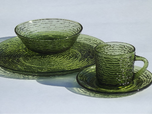Vintage Milano or Soreno green glass dishes set, retro crinkle texture