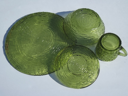 Vintage Milano or Soreno green glass dishes set, retro crinkle texture
