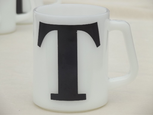 Vintage milk glass coffee mugs, letter T monogram initial in chalkboard black