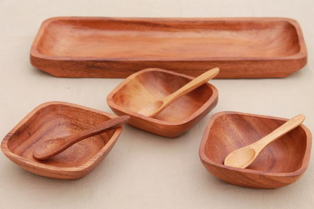 vintage monkey pod or acacia wood relish tray bowls w/ spoons, natural wood serving pieces