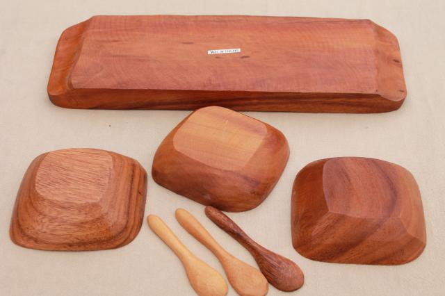 vintage monkey pod or acacia wood relish tray bowls w/ spoons, natural wood serving pieces