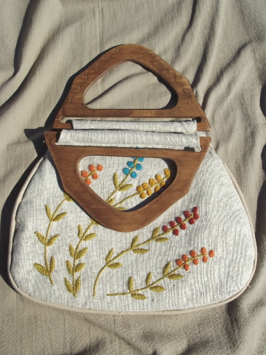 Vintage needlework bag, handbag purse w/ crewel work embroidery wool on linen