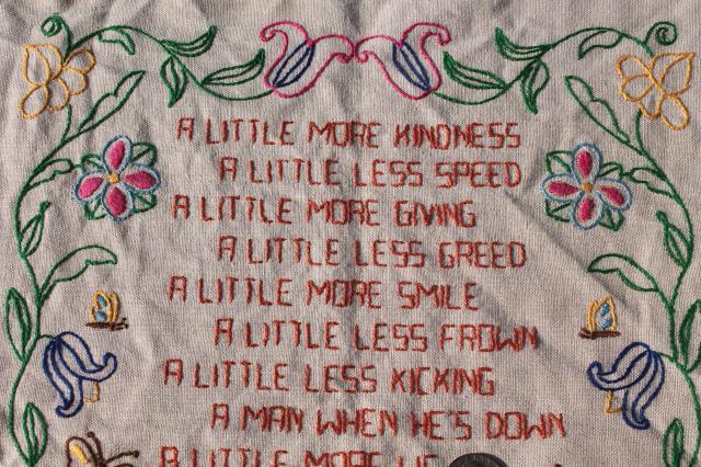 vintage needlework sampler motto quote embroidery on linen, A Little More Kindness