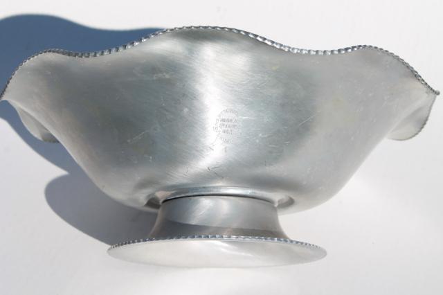 vintage nut cracking bowl, hammered wrought aluminum metal bowl to hold nuts & nutcracker