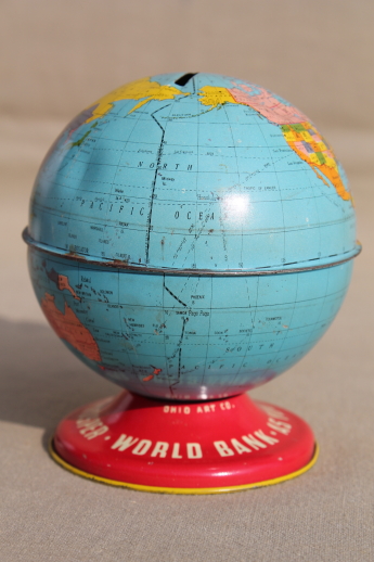 Vintage Ohio Art tin toy world globe bank, metal litho print coin savings bank