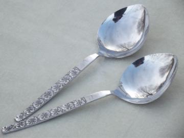 Vintage Oneida stainless flatware serving spoons, 60s floral Northland Japan