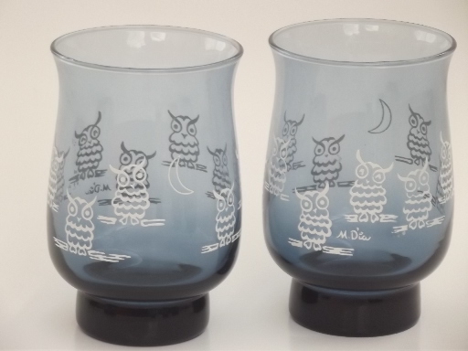 Vintage owl print drinking glasses, 70s retro Libbey glass tumblers set