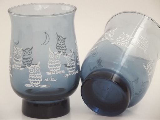 Vintage owl print drinking glasses, 70s retro Libbey glass tumblers set