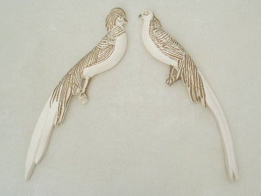 Vintage pair golden pheasant wall plaques, chalkware birds w/ long tails