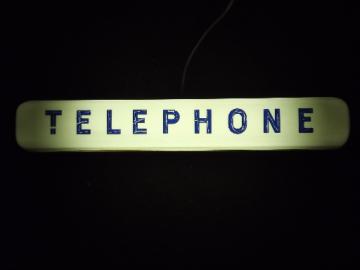 Vintage pay phone lighted sign, retro TELEPHONE booth pop art