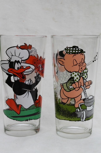 Vintage Pepsi glasses, Looney Tunes Porky Pig & Sylvester character glasses