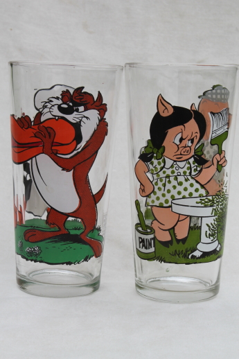 Vintage Pepsi glasses, Looney Tunes Porky Pig & Sylvester character glasses