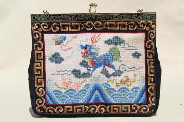 vintage petit point needlepoint embroidered tapestry purse, evening bag w/ fu dogs