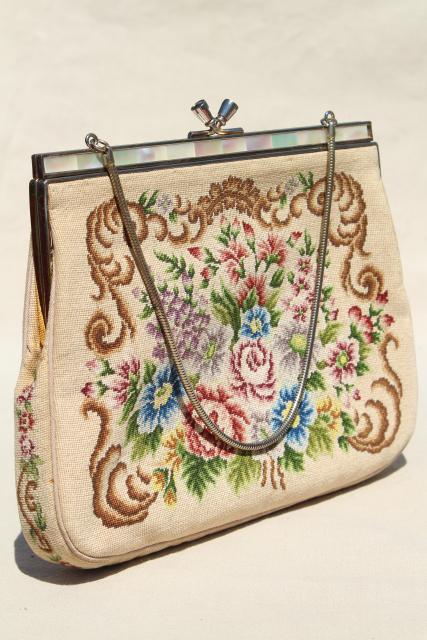 vintage petit point needlepoint tapestry purse, evening bag w/ embroidered floral