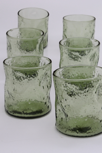 Vintage pinch glass tumblers, bubble texture green glass drinking glasses set