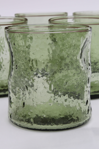 Vintage pinch glass tumblers, bubble texture green glass drinking glasses set