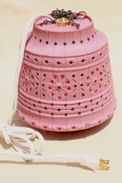 vintage pink plastic flower pot swag lamp w/ beads, retro hanging lantern light