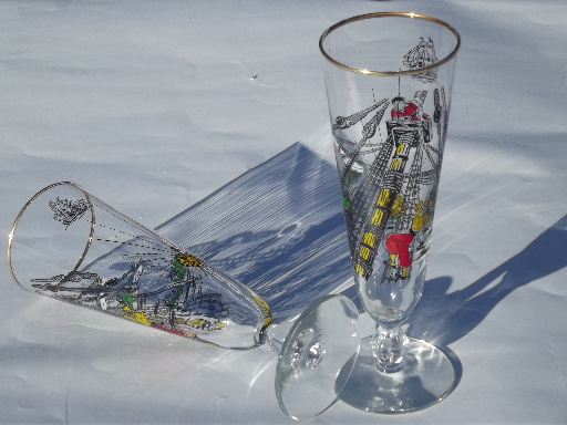 Vintage pirate ship pilsner beer glasses, retro 60s Libbey glassware set
